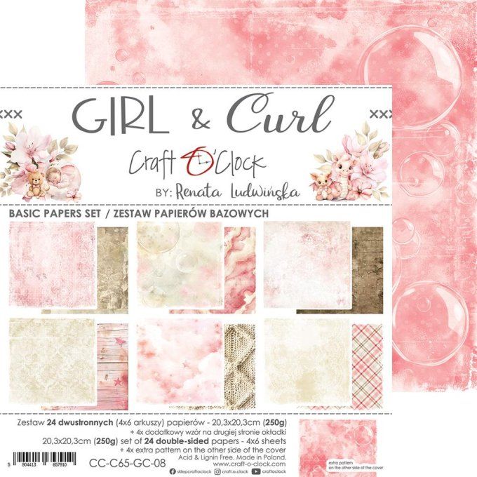 Ensemble de 24 feuilles, 20x20cm, collection : Girl & Curl - Craft O Clock, 250g