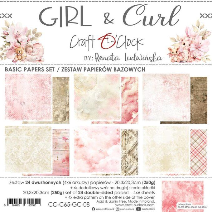 Ensemble de 24 feuilles, 20x20cm, collection : Girl & Curl - Craft O Clock, 250g