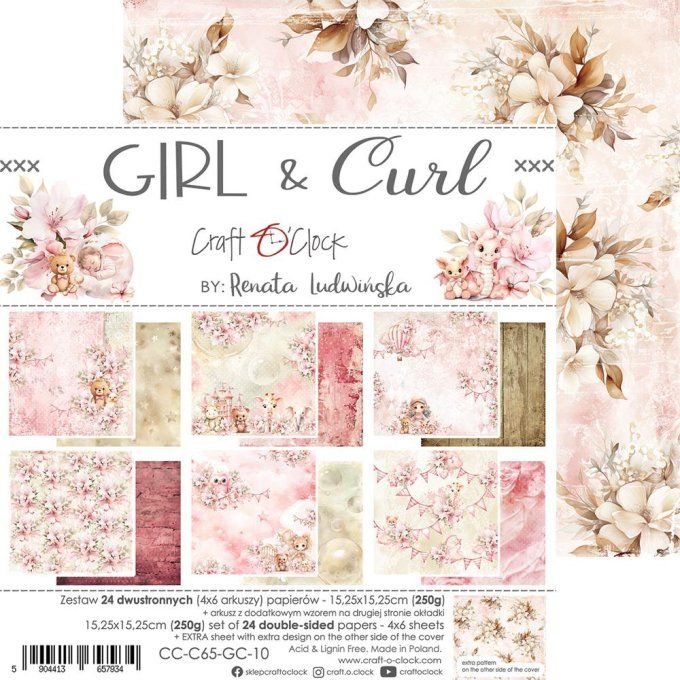 Ensemble de 24 feuilles, 15x15cm, collection : Girl & Curl - Craft O Clock, 250g