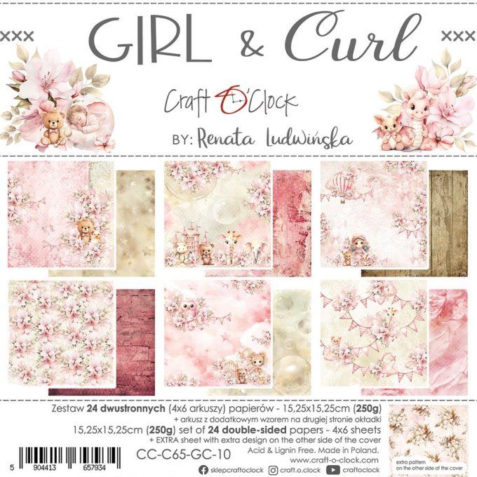 Ensemble de 24 feuilles, 15x15cm, collection : Girl & Curl - Craft O Clock, 250g