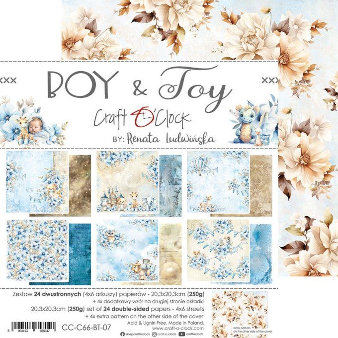 Ensemble de 24 feuilles, 20x20cm, collection : Boy & Toy - Craft O Clock, 250g 