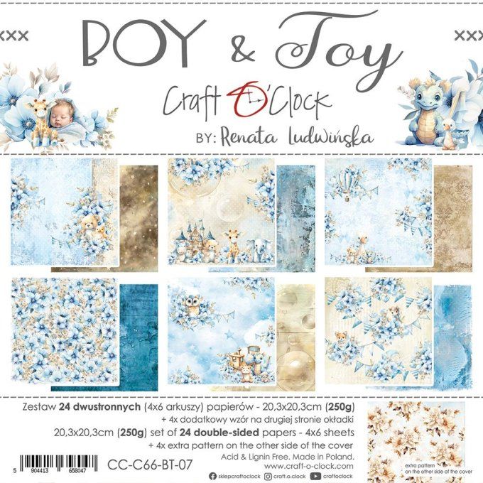 Ensemble de 24 feuilles, 20x20cm, collection : Boy & Toy - Craft O Clock, 250g 