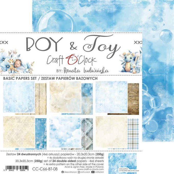 Ensemble de 24 feuilles, 20x20cm, collection : Boy & Toy - Craft O Clock, 250g