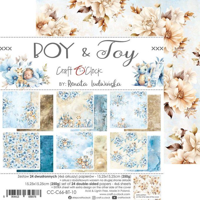 Ensemble de 24 feuilles, 15x15cm, collection : Boy & Toy - Craft O Clock, 250g