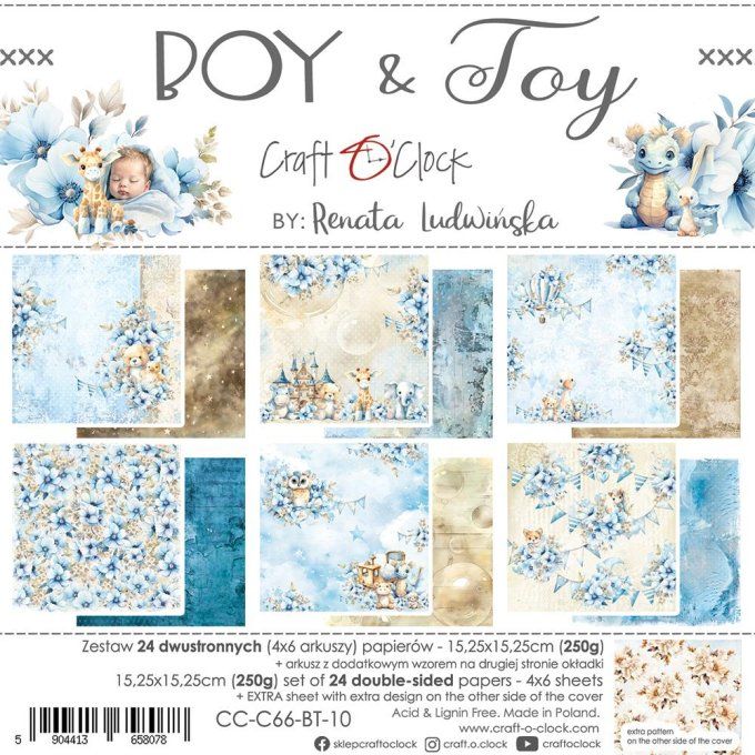 Ensemble de 24 feuilles, 15x15cm, collection : Boy & Toy - Craft O Clock, 250g