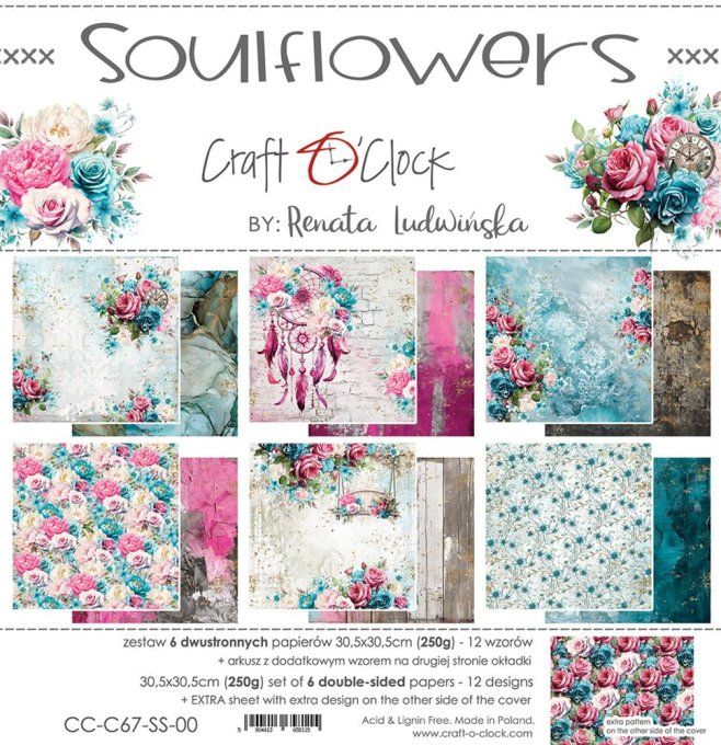 Ensemble de 6 feuilles, 30x30cm, collection : Soulflowers - Craft O Clock, 250g 