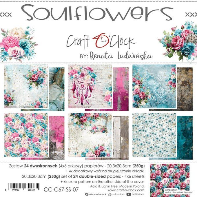 Ensemble de 24 feuilles, 20x20cm, collection : Soulflowers - Craft O Clock, 250g