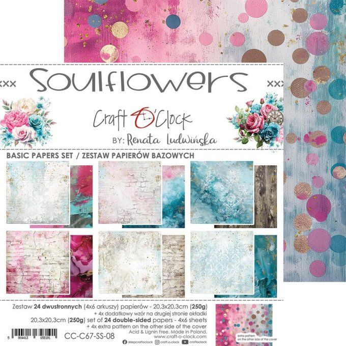 Ensemble de 24 feuilles, 20x20cm, collection : Soulflowers - Craft O Clock, 250g 