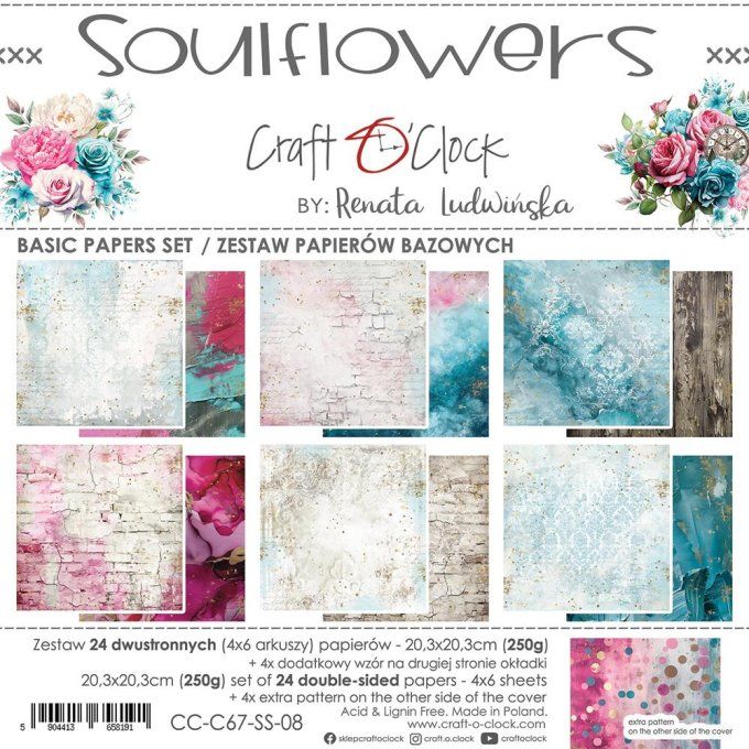 Ensemble de 24 feuilles, 20x20cm, collection : Soulflowers - Craft O Clock, 250g 