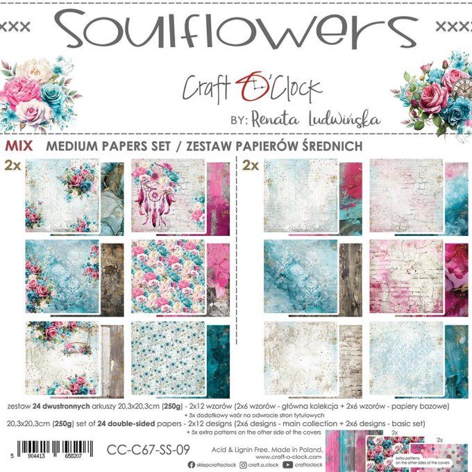 Ensemble de 24 feuilles, 20x20cm, collection : Soulflowers - Craft O Clock, 250g