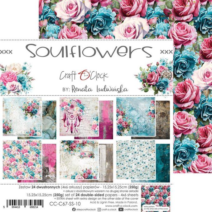 Ensemble de 24 feuilles, 15x15cm, collection : Soulflowers - Craft O Clock, 250g