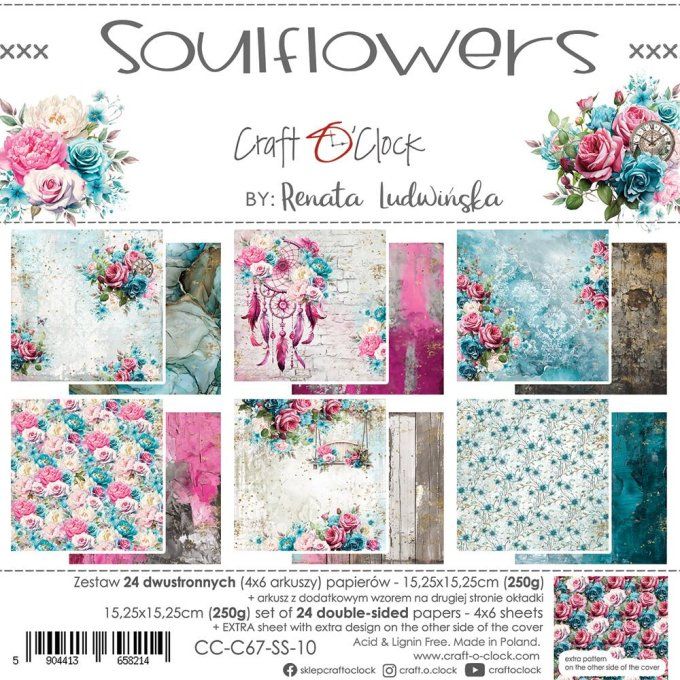 Ensemble de 24 feuilles, 15x15cm, collection : Soulflowers - Craft O Clock, 250g