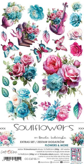 Ensemble de 18 feuilles, 15x30cm, collection : Soulflowers - Craft O Clock, 250g