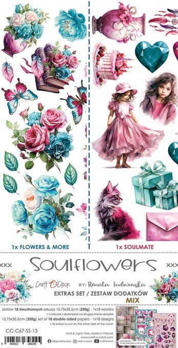 Ensemble de 18 feuilles, 15x30cm, collection : Soulflowers - Craft O Clock, 250g - Mix