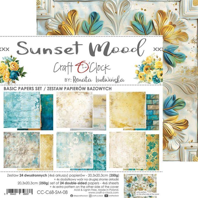 Ensemble de 24 feuilles, 20x20cm, collection : Sunset mood - Craft O Clock, 250g 