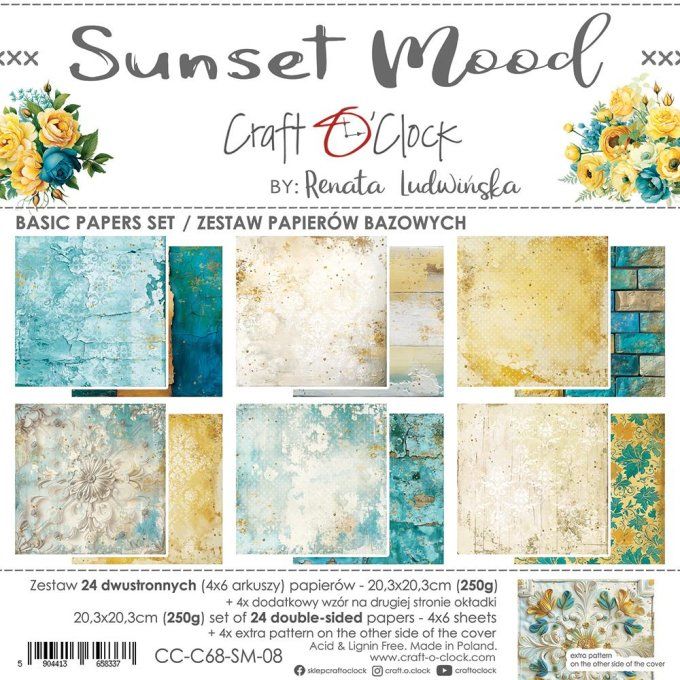 Ensemble de 24 feuilles, 20x20cm, collection : Sunset mood - Craft O Clock, 250g 