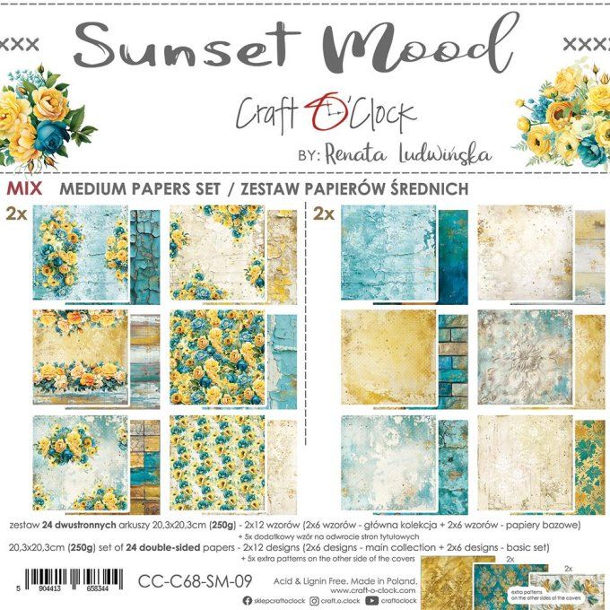 Ensemble de 24 feuilles, 20x20cm, collection : Sunset mood - Craft O Clock, 250g