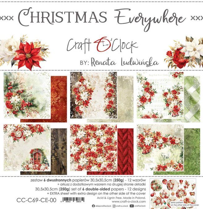 Ensemble de 6 feuilles, 30x30cm, collection : Christmas Everywhere - Craft O Clock, 250g