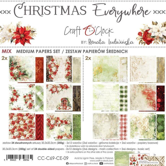 Ensemble de 24 feuilles, 20x20cm, collection : Christmas Everywhere - Craft O Clock, 250g - Mix