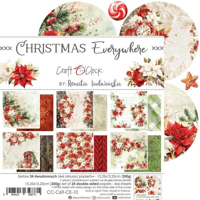 Ensemble de 24 feuilles, 15x15cm, collection : Christmas Everywhere - Craft O Clock, 250g