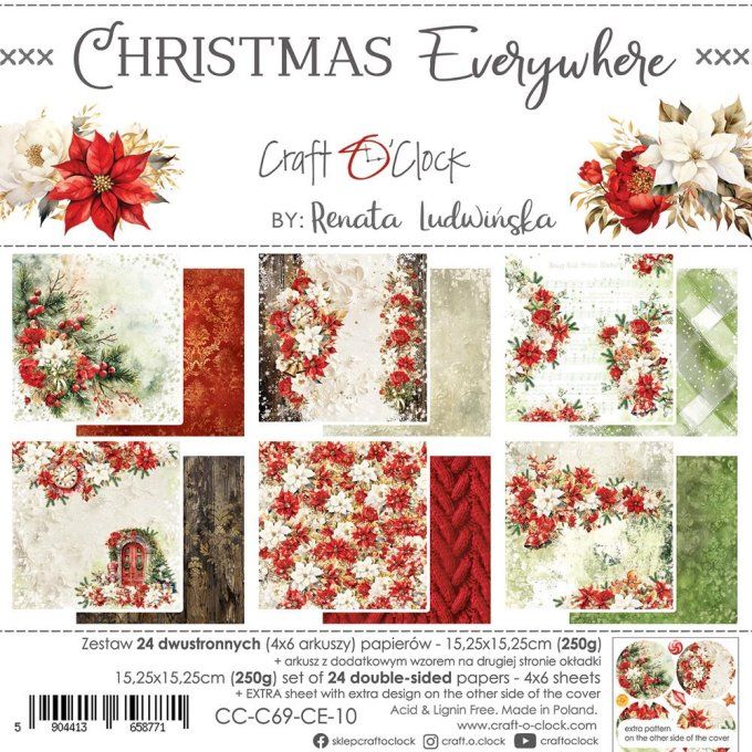 Ensemble de 24 feuilles, 15x15cm, collection : Christmas Everywhere - Craft O Clock, 250g