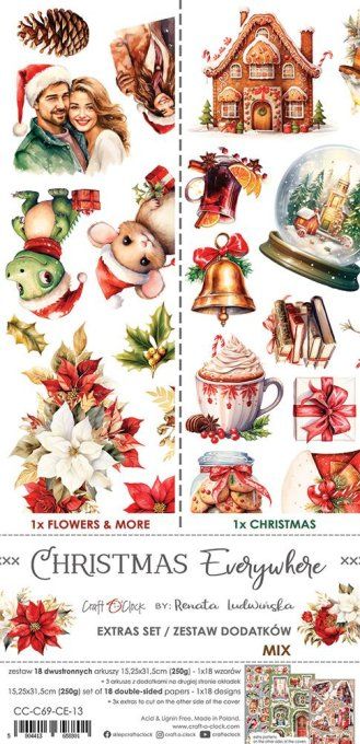 Ensemble de 18 feuilles, 15x30cm, collection : christmas Everywhere - Craft O Clock, 250g - Mix