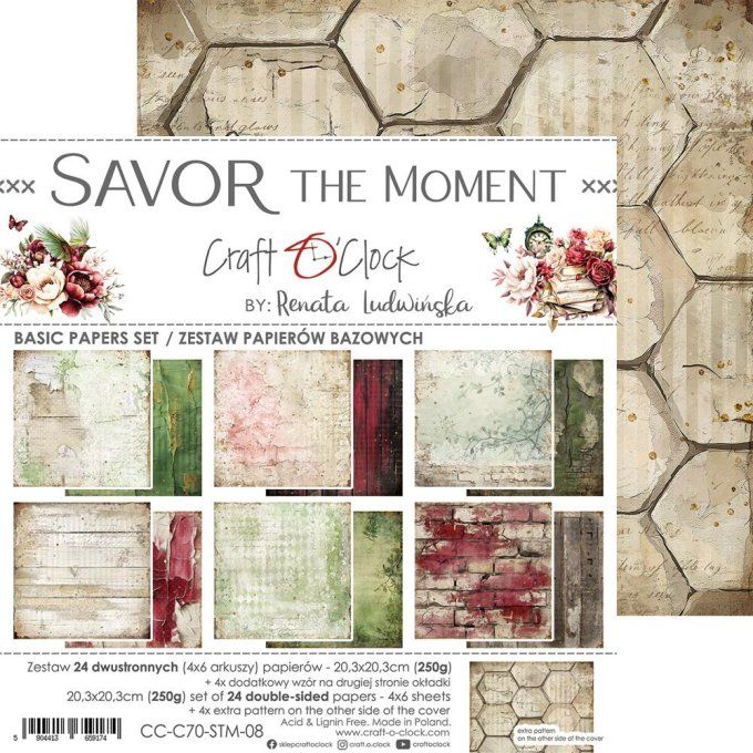 Ensemble de 24 feuilles, 20x20cm, collection : Savor the moment - Craft O Clock, 250g