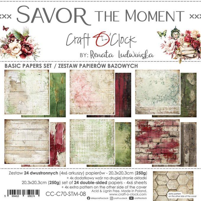 Ensemble de 24 feuilles, 20x20cm, collection : Savor the moment - Craft O Clock, 250g