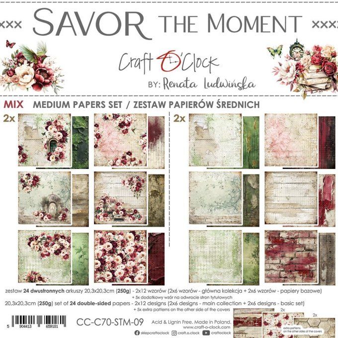 Ensemble de 24 feuilles, 20x20cm, collection : Savor the moment - Craft O Clock, 250g - Mix