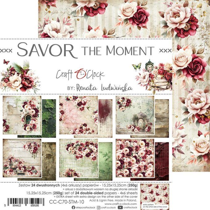 Ensemble de 24 feuilles, 15x15cm, collection : Savor the moment - Craft O Clock, 250g 