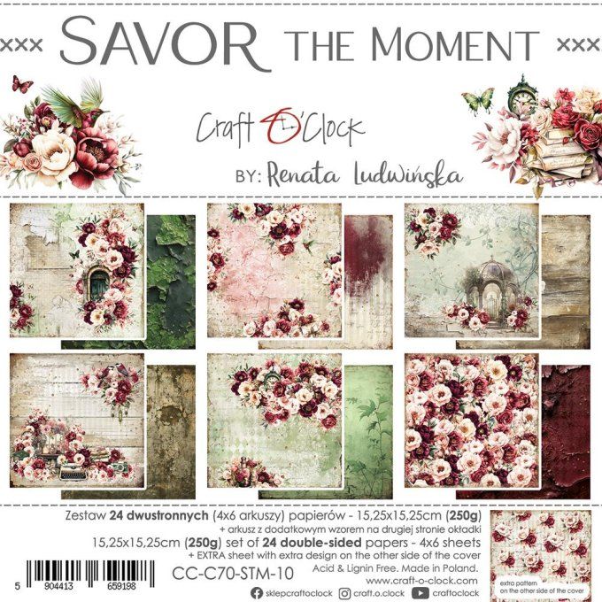 Ensemble de 24 feuilles, 15x15cm, collection : Savor the moment - Craft O Clock, 250g 