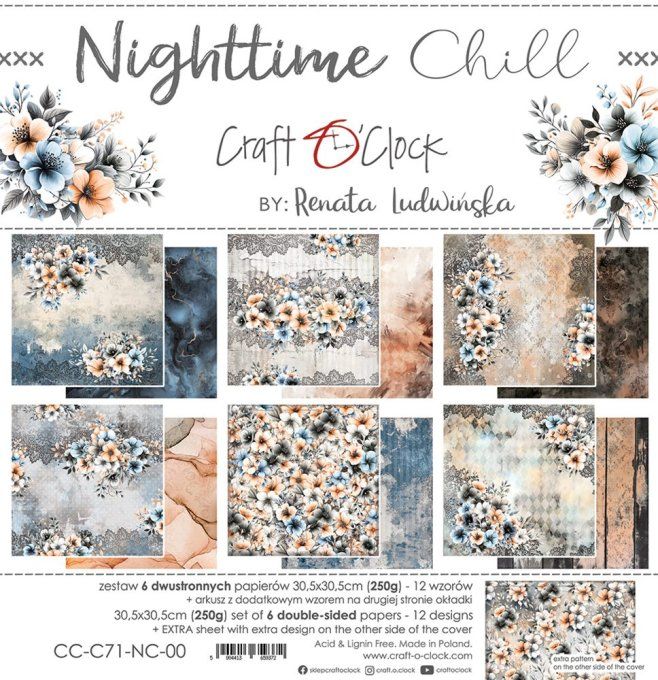 Ensemble de 6 feuilles, 30x30cm, collection : Nighttime chill - Craft O Clock, 250g 