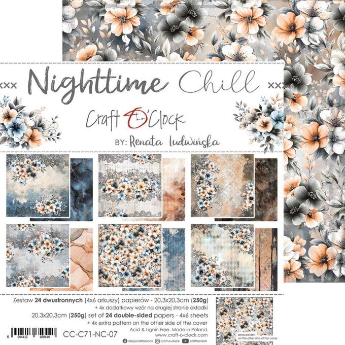 Ensemble de 24 feuilles, 20x20cm, collection : Nighttime chill - Craft O Clock, 250g