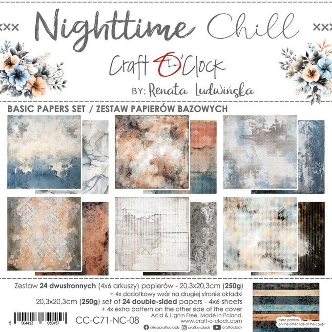 Ensemble de 24 feuilles, 20x20cm, collection : Nighttime chill - Craft O Clock, 250g