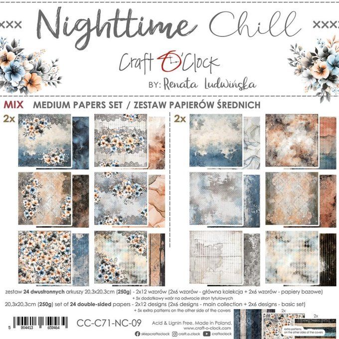 Ensemble de 24 feuilles, 20x20cm, collection : Nighttime chill - Craft O Clock, 250g - Mix