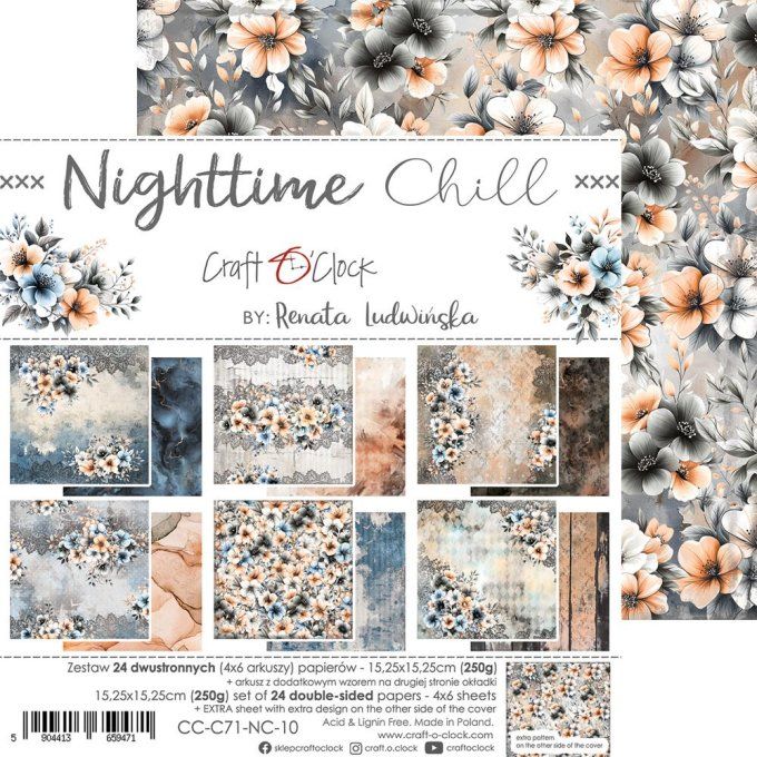 Ensemble de 24 feuilles, 15x15cm, collection : Nighttime chill - Craft O Clock, 250g