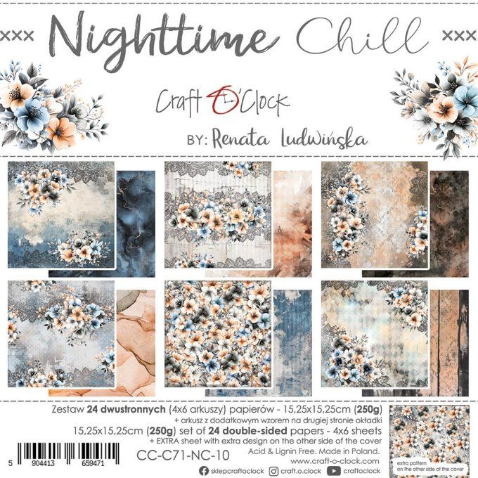 Ensemble de 24 feuilles, 15x15cm, collection : Nighttime chill - Craft O Clock, 250g