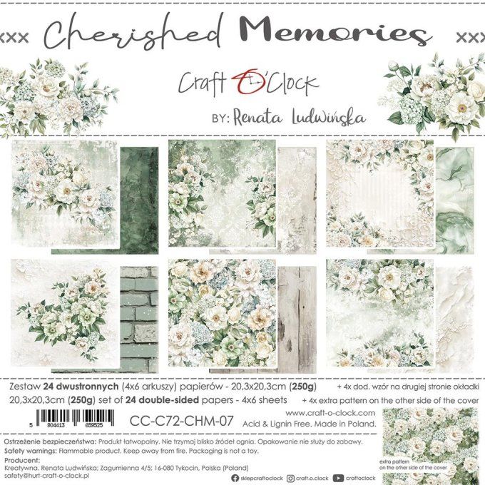 Ensemble de 24 feuilles, 20x20cm, collection : Cherished memories - Craft O Clock, 250g 