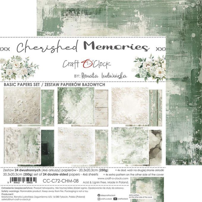 Ensemble de 24 feuilles, 20x20cm, collection : Cherished memories - Craft O Clock, 250g 