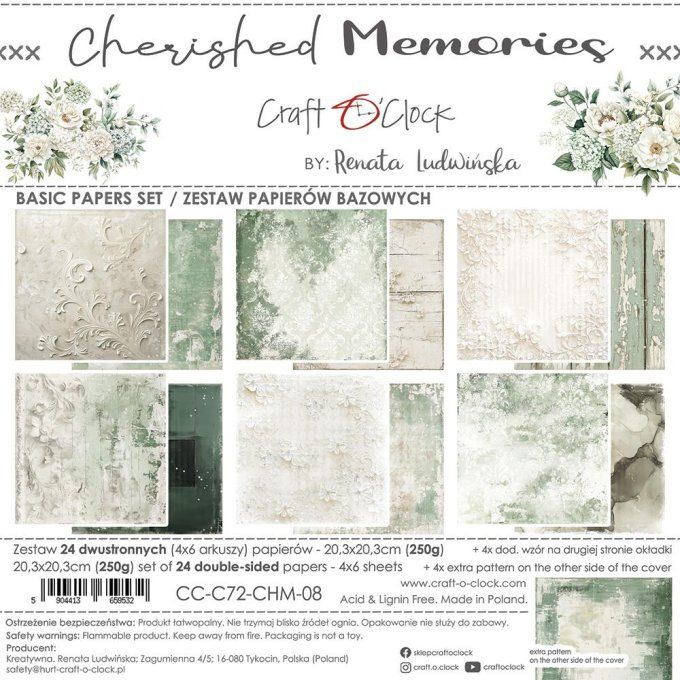 Ensemble de 24 feuilles, 20x20cm, collection : Cherished memories - Craft O Clock, 250g 