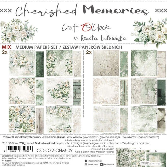 Ensemble de 24 feuilles, 20x20cm, collection : Cherished memories - Craft O Clock, 250g