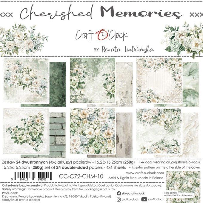 Ensemble de 24 feuilles, 15x15cm, collection : Cherished memories - Craft O Clock, 250g