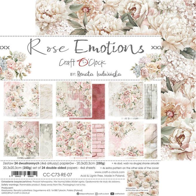 Ensemble de 24 feuilles, 20x20cm, collection : Rose Emotions - Craft O Clock, 250g