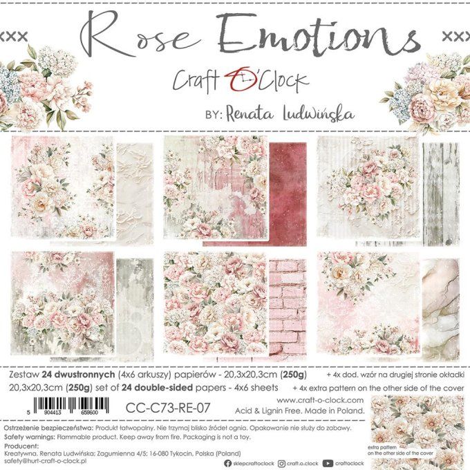 Ensemble de 24 feuilles, 20x20cm, collection : Rose Emotions - Craft O Clock, 250g