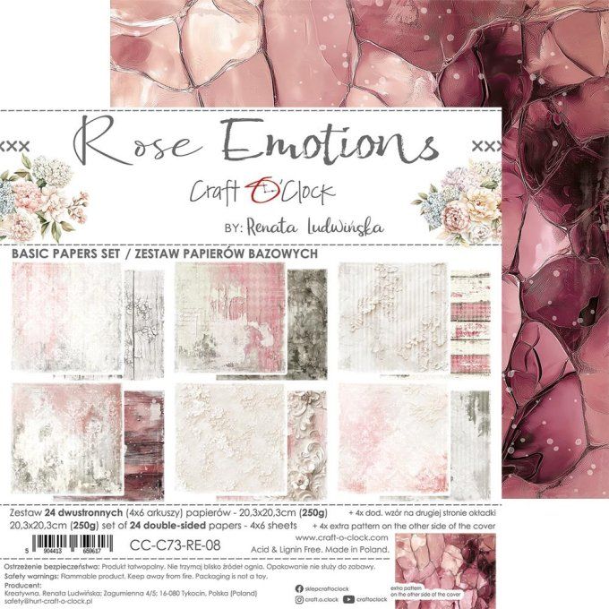 Ensemble de 24 feuilles, 20x20cm, collection : Rose Emotions - Craft O Clock, 250g