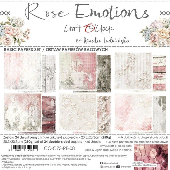 Ensemble de 24 feuilles, 20x20cm, collection : Rose Emotions - Craft O Clock, 250g