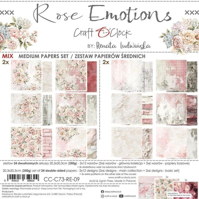 Ensemble de 24 feuilles, 20x20cm, collection : Rose Emotions - Craft O Clock, 250g