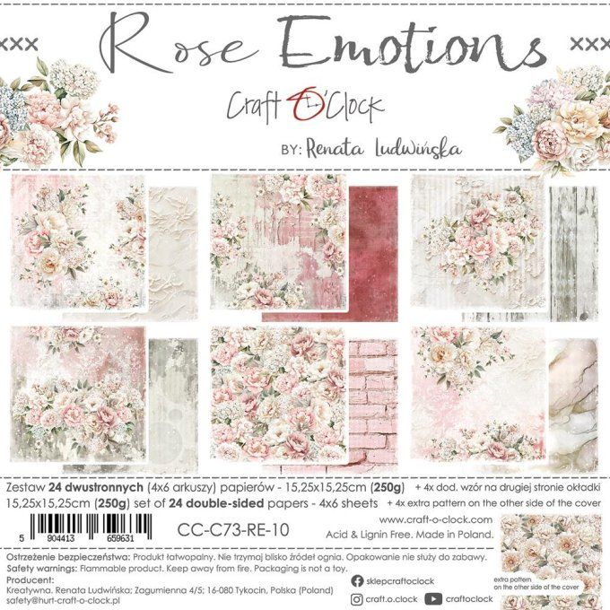 Ensemble de 24 feuilles, 15x15cm, collection : Rose Emotions - Craft O Clock, 250g