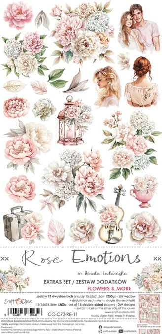 Ensemble de 18 feuilles, 15x30cm, collection : Rose Emotions, Craft O Clock, 250g