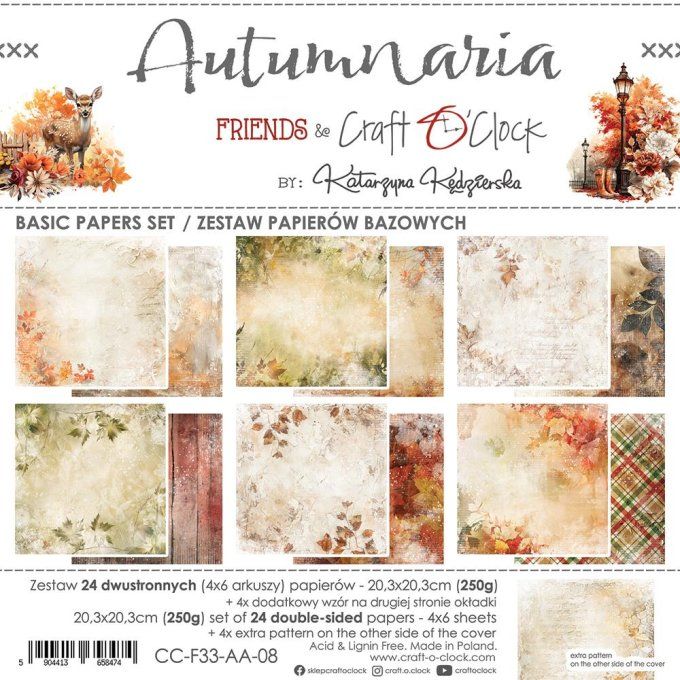 Ensemble de 24 feuilles, 20x20cm, collection : Autumnaria - Craft O Clock, 250g